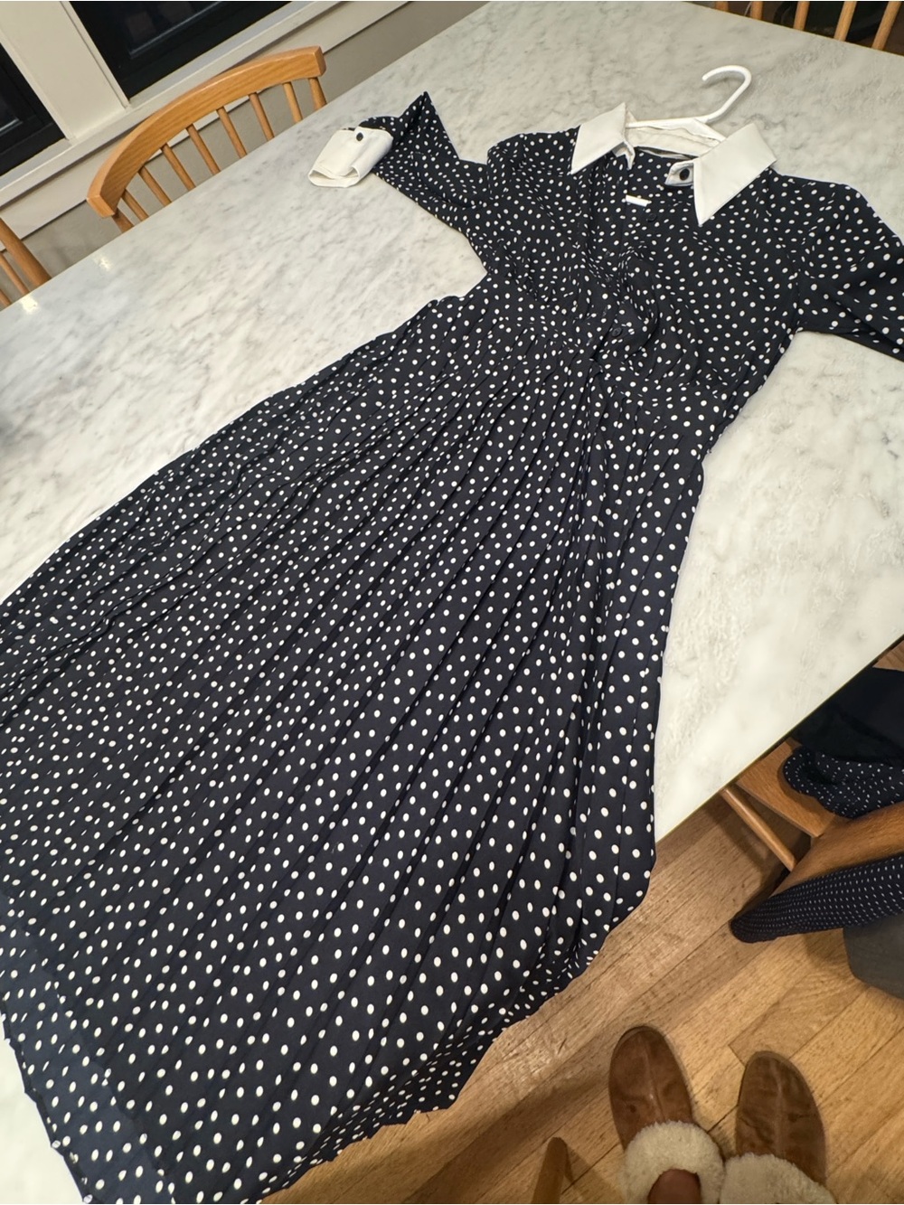 Zara Navy Blue Polka Dot Midi Dress with White Collar